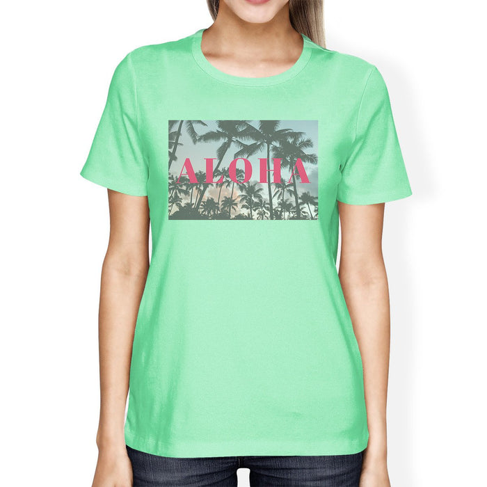 Aloha Letter Printed Womens Mint Tropical T-Shirt Round Neck Cotton.