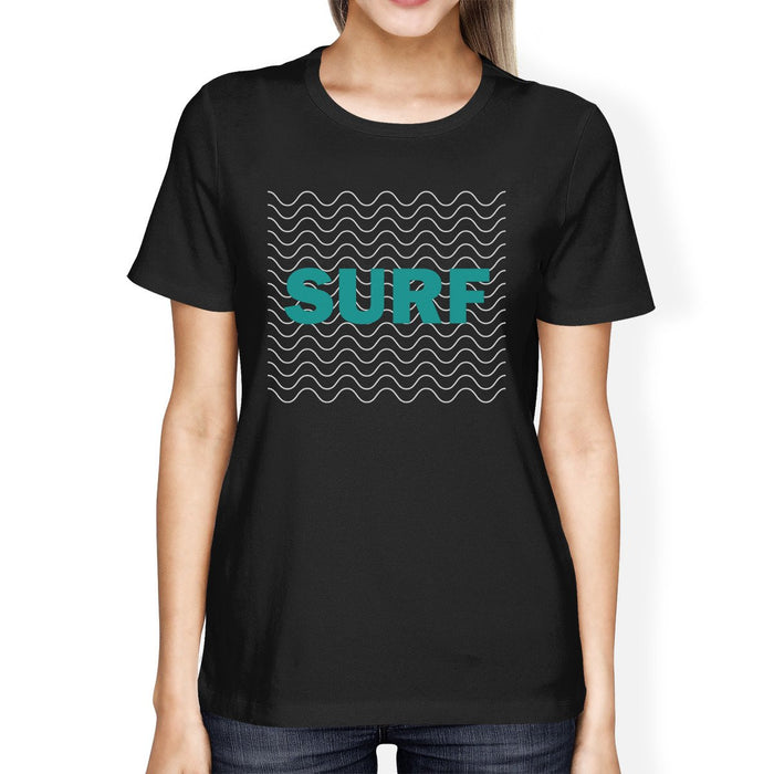 Surf Waves Womens Black Graphic Short Sleeve Tshirt Cool Summer Top.