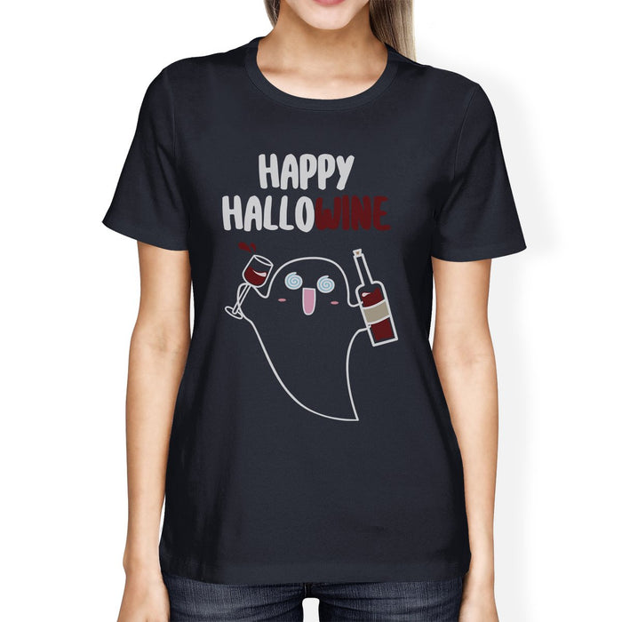 Happy Hallowine Ghost Wine Womens Navy Shirt.