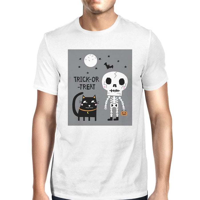 Trick-Or-Treat Skeleton Black Cat Mens White Shirt.