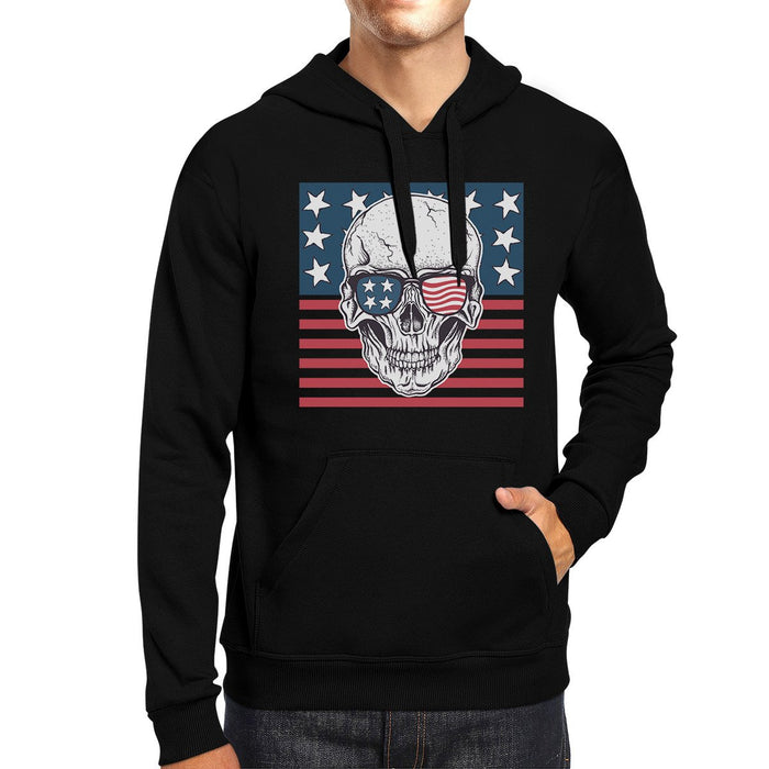 Skull American Flag Unisex Black Hoodie Round Neck Pullover Fleece.