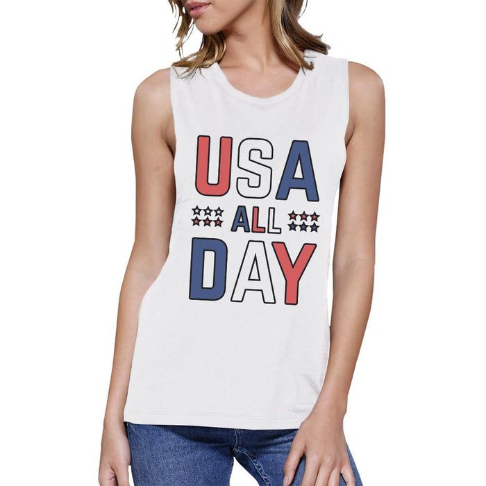 USA All Day Women White Cotton Muscle Top Cute 4th Of July Design.