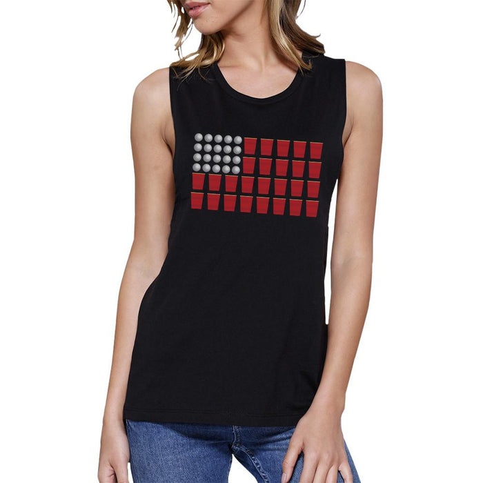 Beer Pong American Flag Womens Funny Design Muscle Tee Gift For Her.