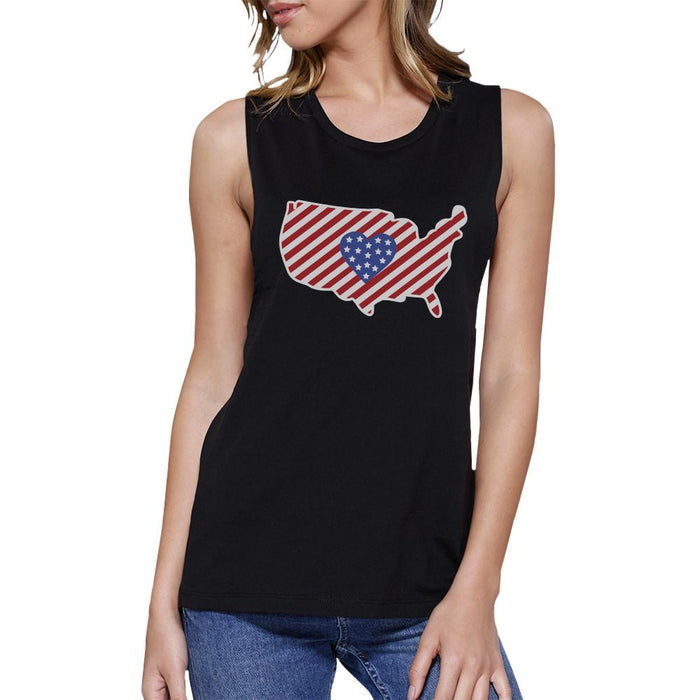 USA Map With Heart Shape American Flag Graphic Muscle Tee For Women.