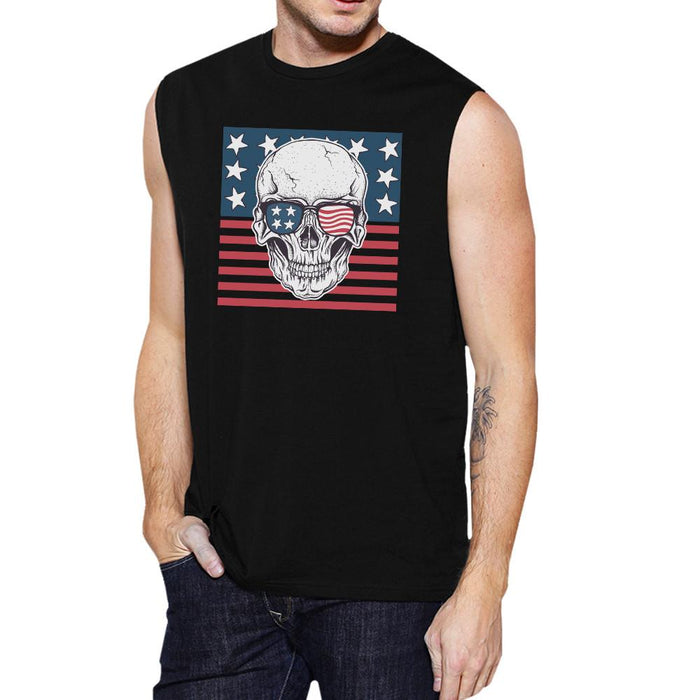 Skull American Flag Mens Black Muscle Tee Crew Neck Line Cotton.