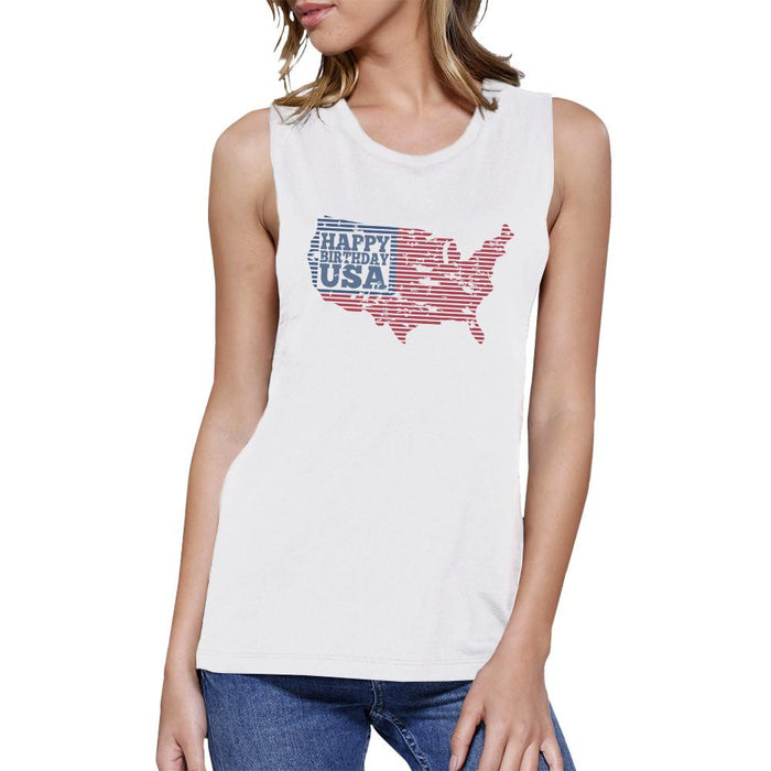 Happy Birthday USA Womens White Cap Sleeve Funny 4th Of July Tank.