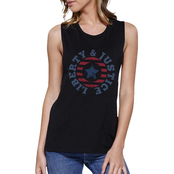 Liberty & Justice Black Cotton Graphic Muscle Tanks Gifts For Women.