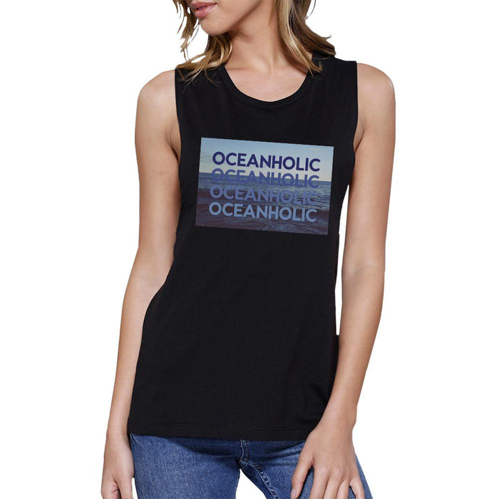 Ocean Holic Womens Black Graphic Muscle Tanks Cute Tropical Design.