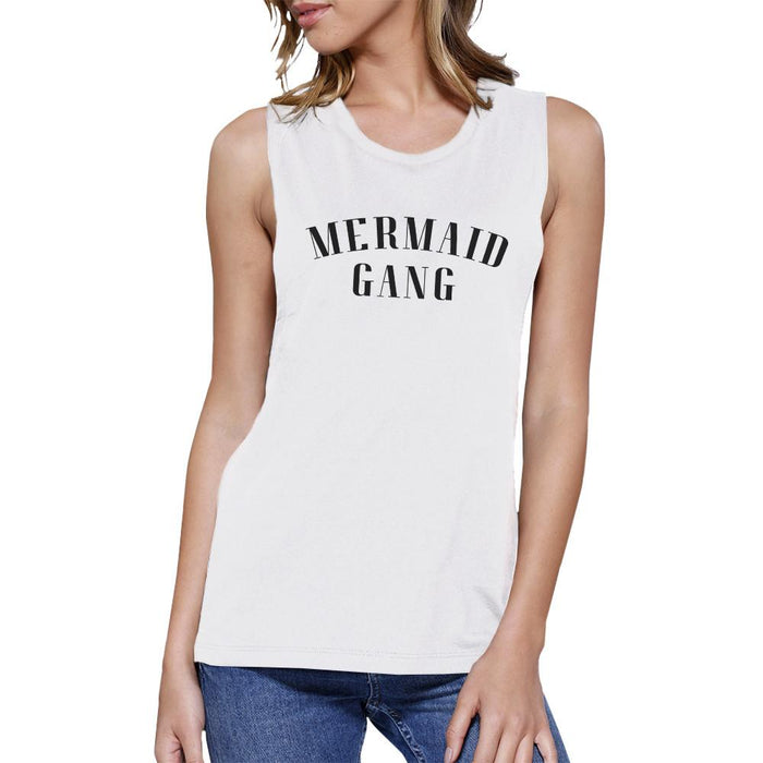 Mermaid Gang Womens White Summer Graphic Muscle Tanks Funny Gifts.