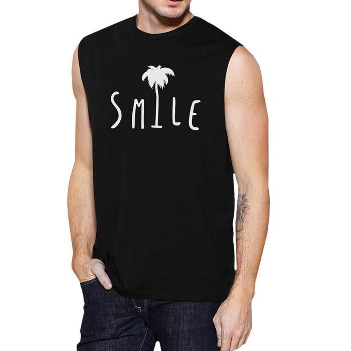 Smile Palm Tree Mens Black Cool Summer Muscle Tank Round Neck Line.