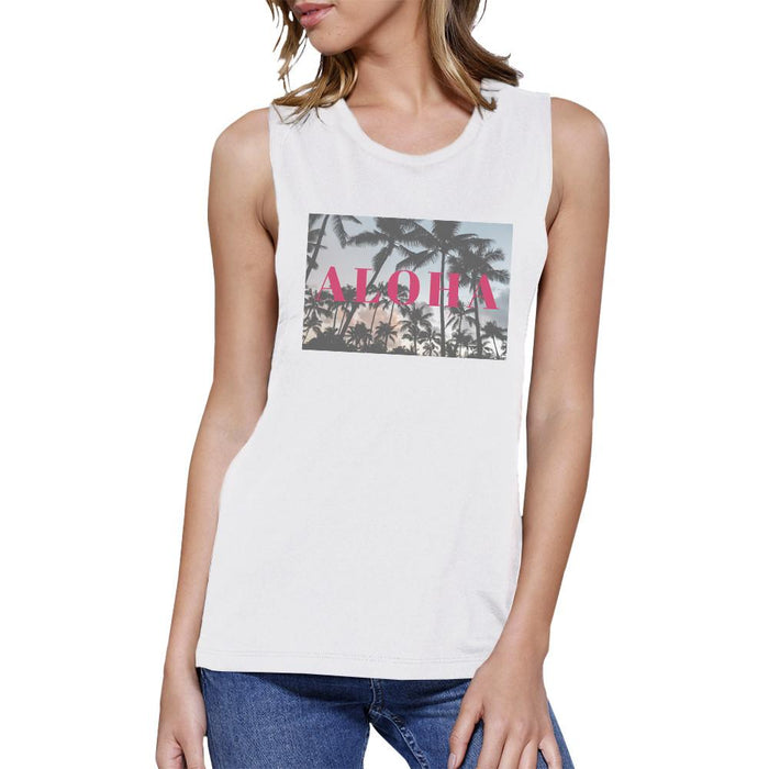 Aloha Womens White Cotton Muscle Tank Top Summer Beach Muscle Tee.