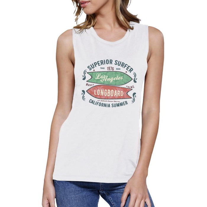 Superior Surfer Los Angeles Longboard Womens White Muscle Top.