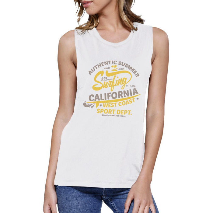 Authentic Summer Surfing California Womens White Muscle Top.