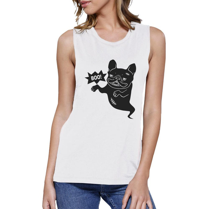 Boo French Bulldog Ghost Womens White Muscle Top.