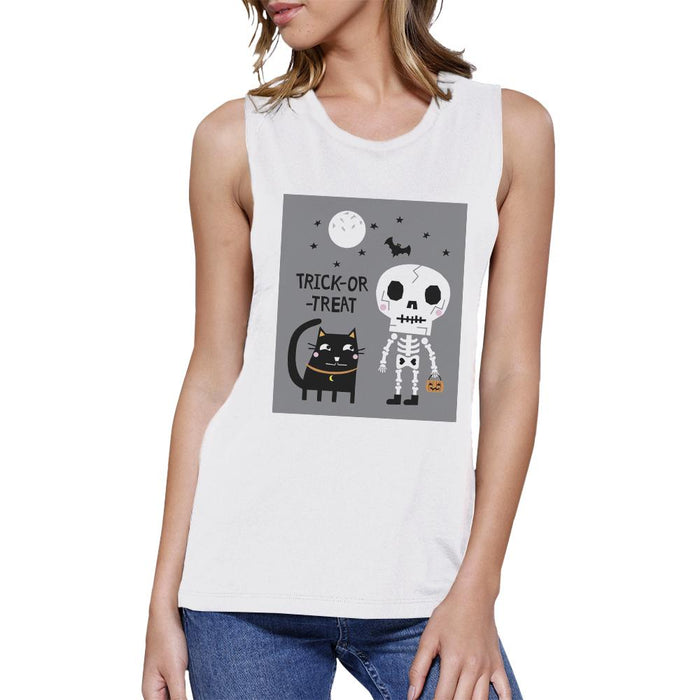 Trick-Or-Treat Skeleton Black Cat Womens White Muscle Top.