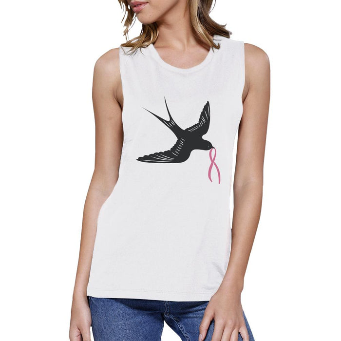 Pink Ribbon And Swallows Birds Womens White Muscle Top.