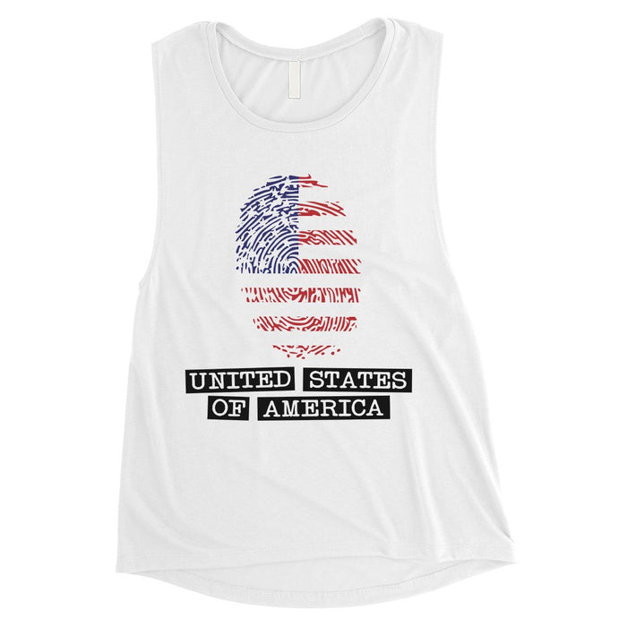 Fingerprint USA Flag Womens Muscle Tee Cute 4th of July Outfit Gift.