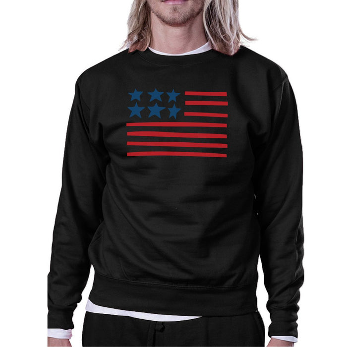 Unique USA Flag Sweatshirt Unisex Black Round Neck Pullover Fleece.