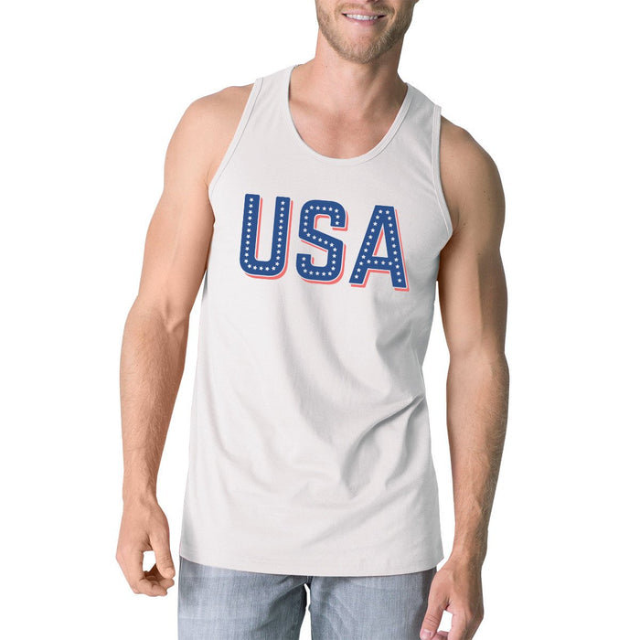 USA With Stars Mens White Graphic Tank Top Cute 4th Of July Tanks.