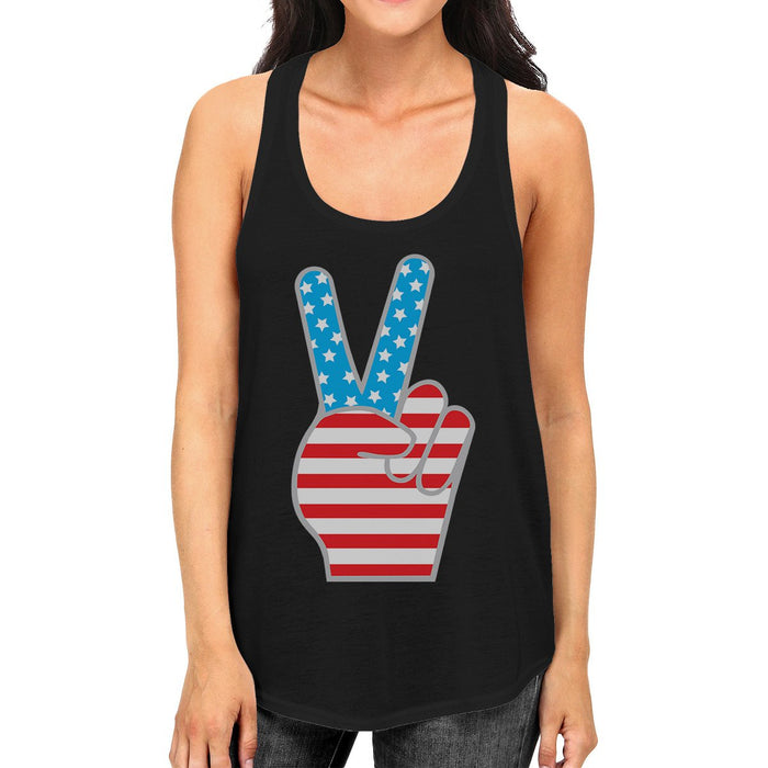 American Flag Cute Peace Sign 4th Of July Women Black Tank Top.