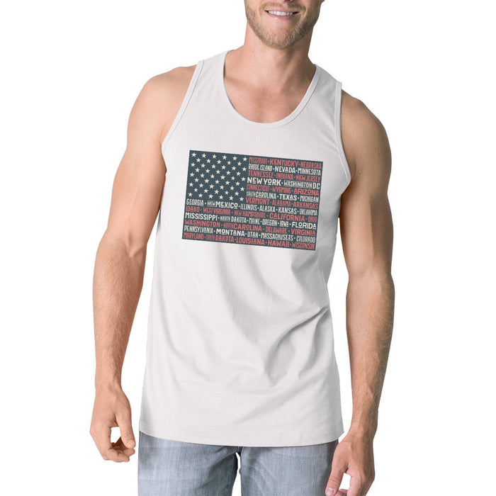 50 States Us Flag Mens White Tank Top Funny 4th Of July Cotton Tank.