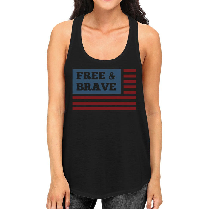 Free & Brave Us Flag Womens Black Funny Graphic Tanks Crewneck Line.
