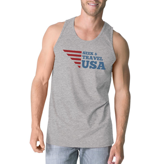 Seek & Travel USA Mens Gray Sleeveless Tee Shirt Round Neck Tanks.