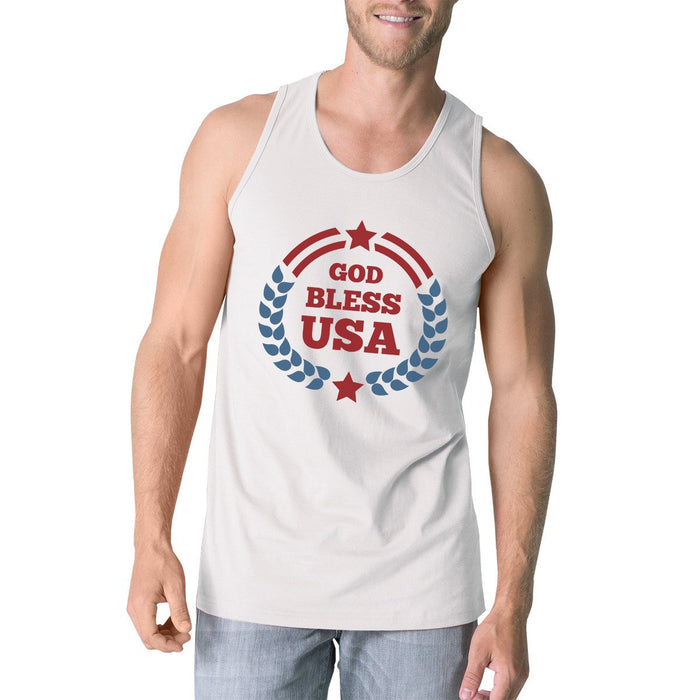 God Bless USA Mens White Cotton Tank Top Independence Day Gift Idea.