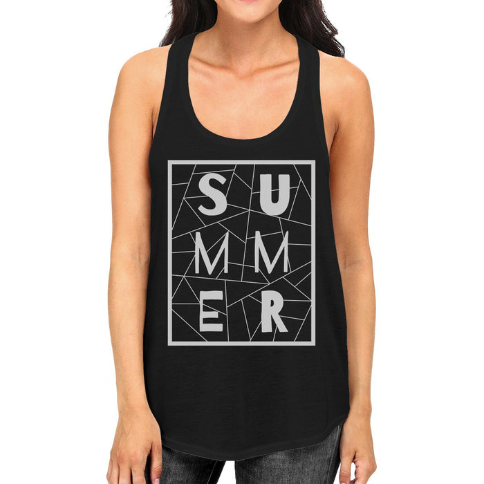 Summer Geometric Lettering Womens Black Sleeveless Shirt For Summer.