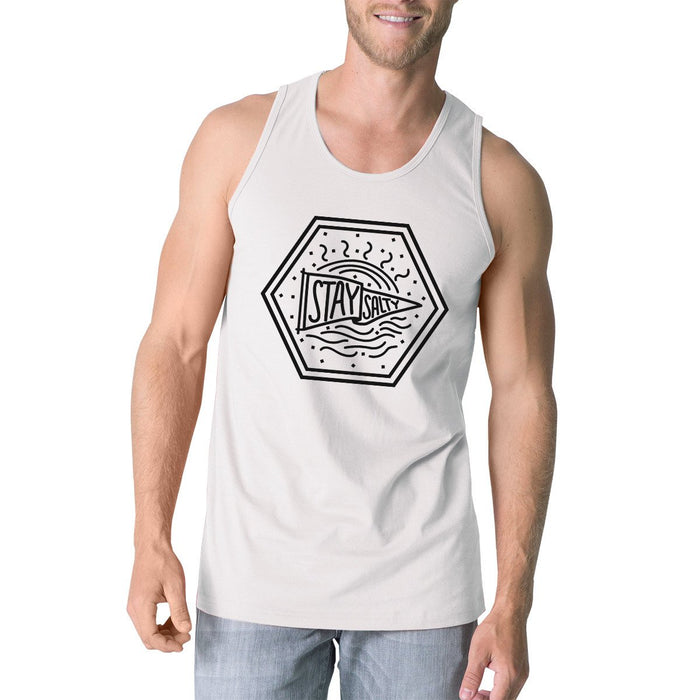 Stay Salty Mens White Sleeveless Tee Shirt Funny Graphic Tank Top.