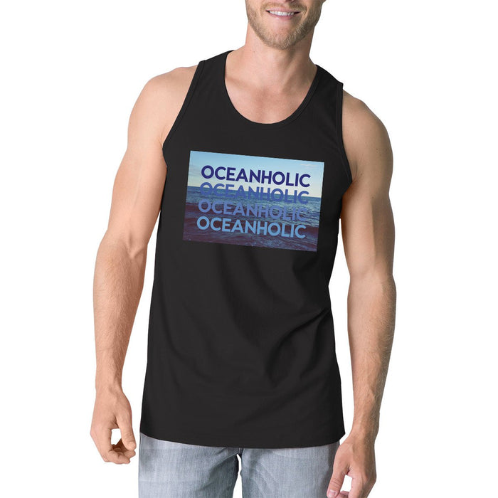 Ocean Holic Mens Black Graphic Tanks Lightweight Tropical Design.