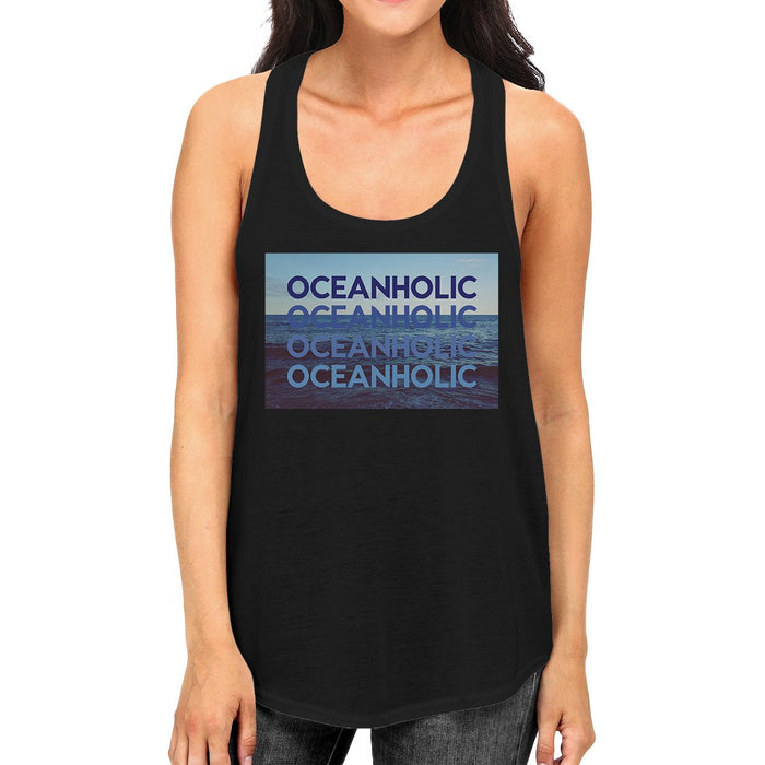 Ocean Holic Womens Black Graphic Tanks Lightweight Tropical Design.