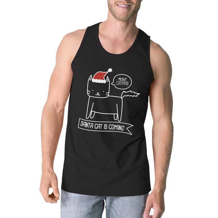 Meowy Catmas Santa Cat Is Coming Mens Black Tank Top.