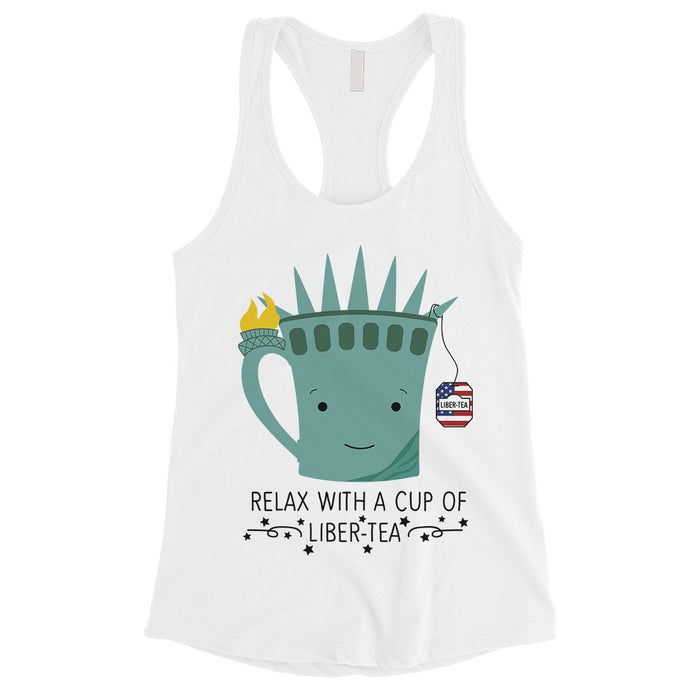 Cup Of Liber-Tea Womens Cute Graphic 4th of July Tank Top For Gym.