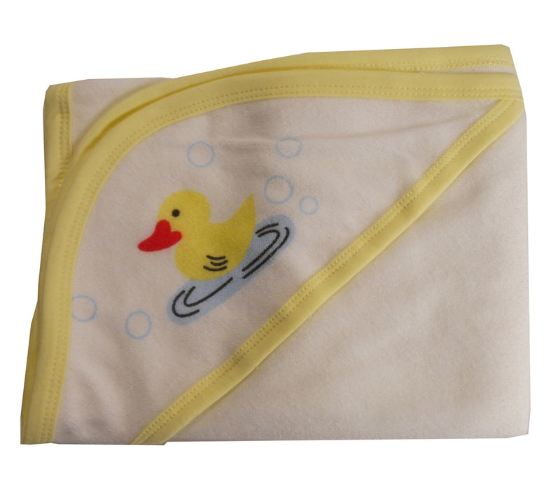 Hooded Towel With Yellow Binding And Screen Prints.