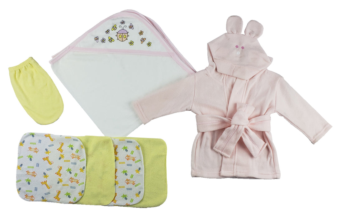 Pink Infant Robe, Hooded Towel, Washcloths And Hand Washcloth Mitt - 7 Pc Set.