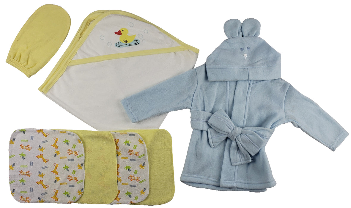 Blue Infant Robe, Yellow Hooded Towel, Washcloths And Hand Washcloth Mitt - 7 Pc Set.