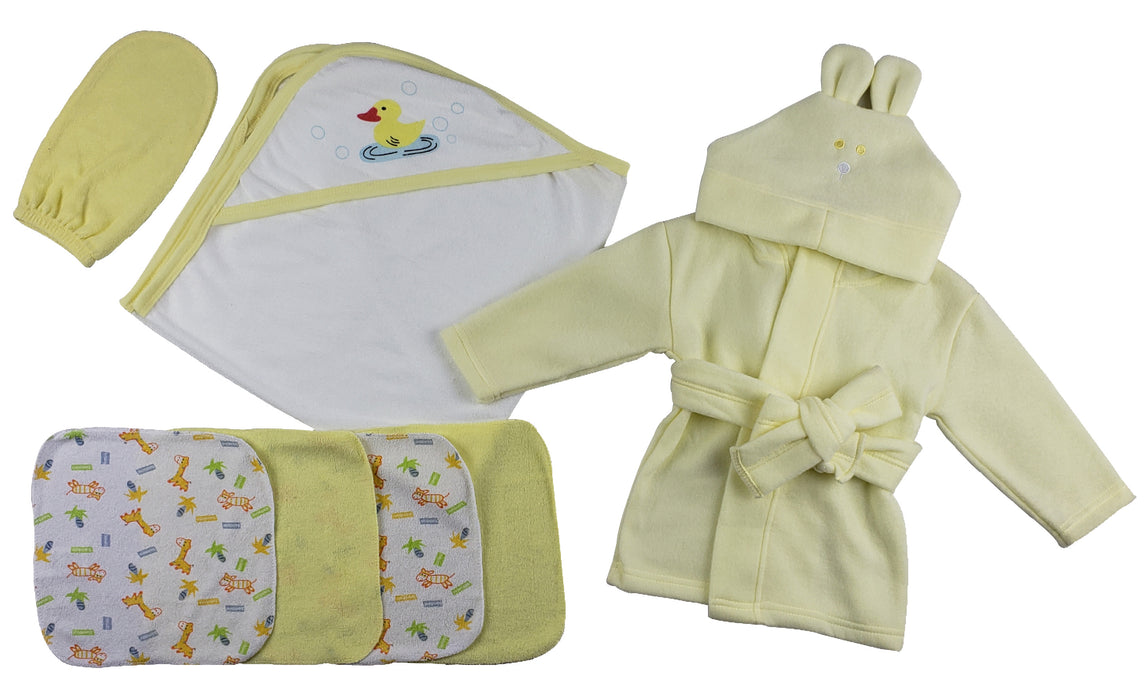 Yellow Infant Robe, Yellow Hooded Towel, Washcloths And Hand Washcloth Mitt - 7 Pc Set.