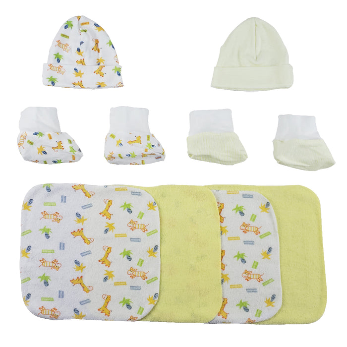 Two Rib Knit Infant Caps And Booties Sets And Four Washcloths - 8 Pc Set.