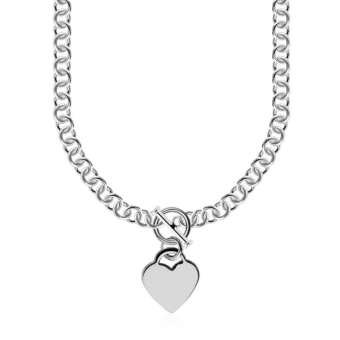 Sterling Silver Rolo Chain  with a Heart Toggle Charm and Rhodium Plating.