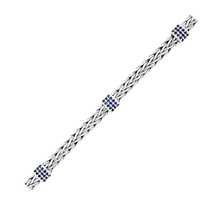 Sterling Silver Woven Bracelet with Blue Sapphire Stations.