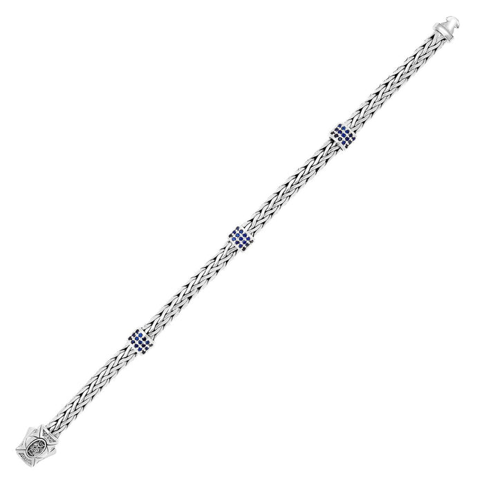 Sterling Silver Woven Bracelet with Blue Sapphire Stations.