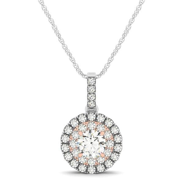 Round Shape Halo Diamond Pendant in 14k White and Rose Gold (1/2 cttw).