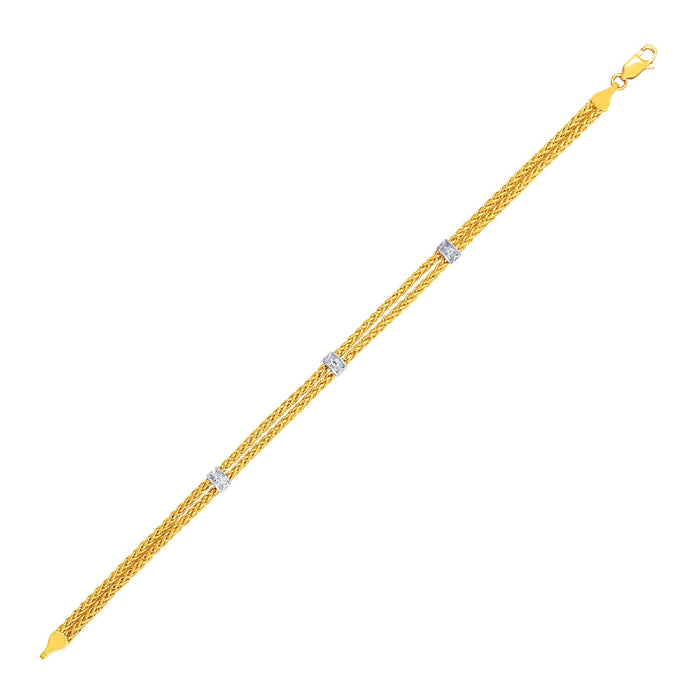 14k Two-Tone Gold Dual Wheat Chain Bracelet with Diamond Stations (.02 cttw).