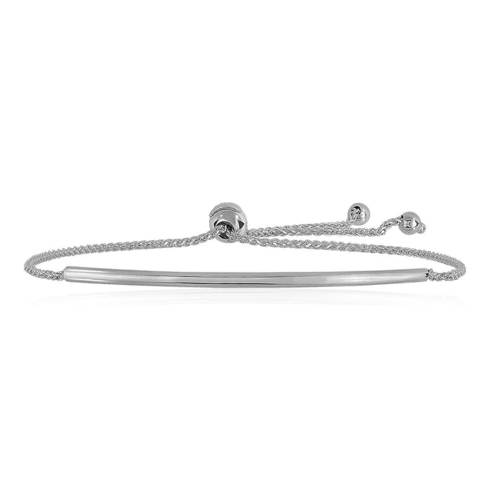 14k White Gold Smooth Curved Bar Lariat Design Bracelet.