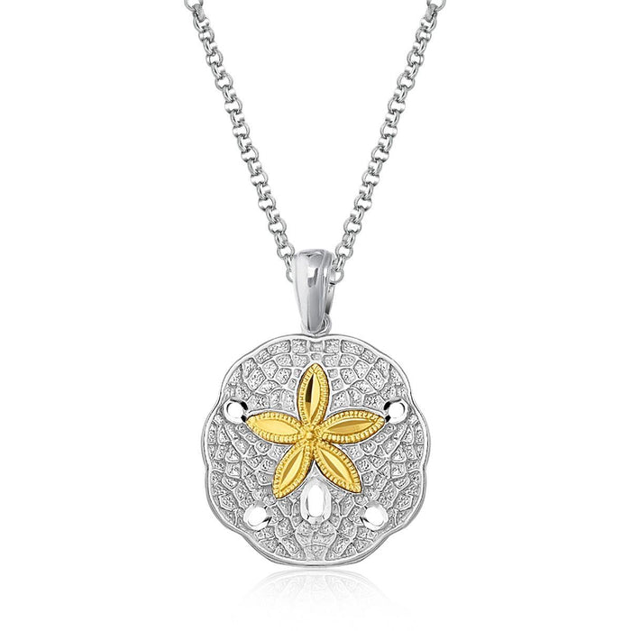 Designer Sterling Silver and 14k Yellow Gold Sand Dollar Pendant.