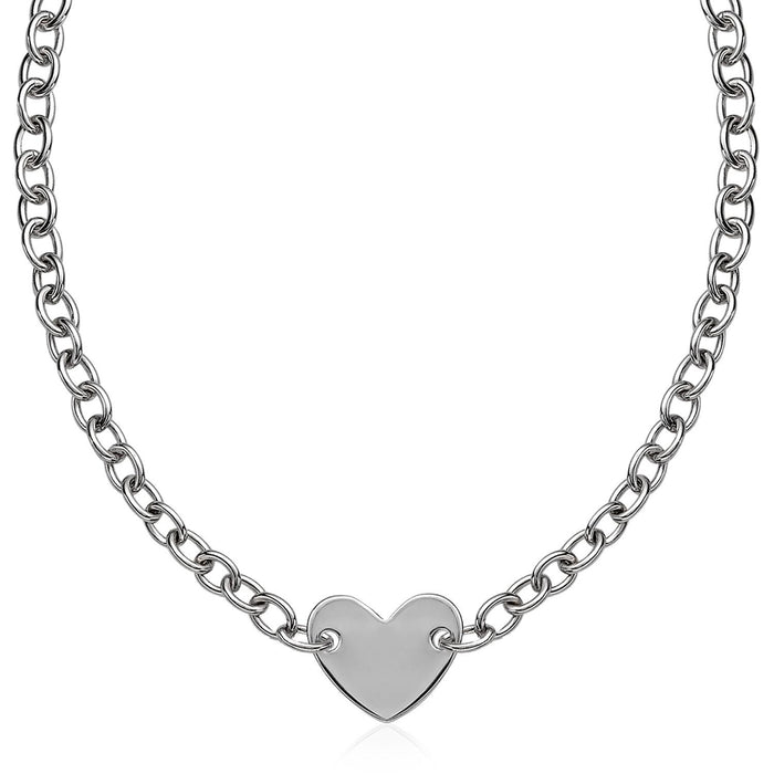 Sterling Silver Rhodium Plated Chain Bracelet with a Flat Heart Motif Station.