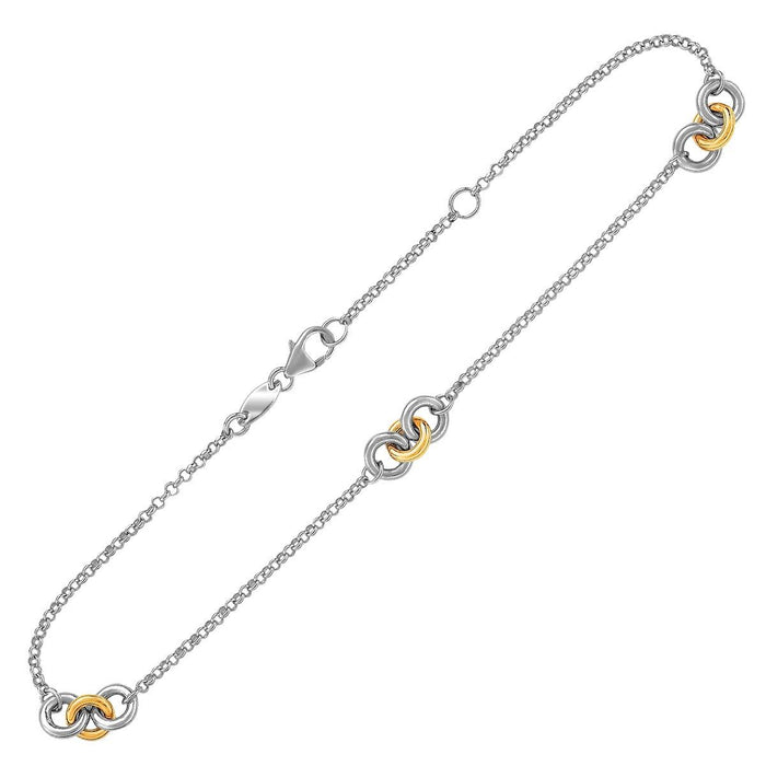14k Yellow Gold and Sterling Silver Triple Ring Stationed Anklet.