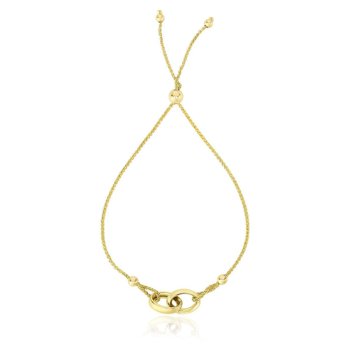 14k Yellow Gold Entwined Rings Adjustable Lariat Style Bracelet.