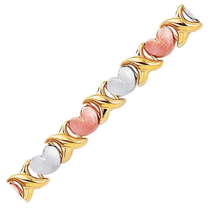 14k Tri-Color Gold Fancy Satin Heart Line Bracelet.